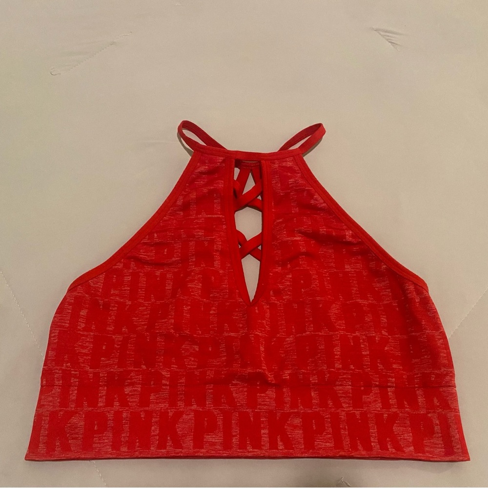 Women’s PINK Monogram Red Halter Corset Sports Bralette Crop Top | Size L